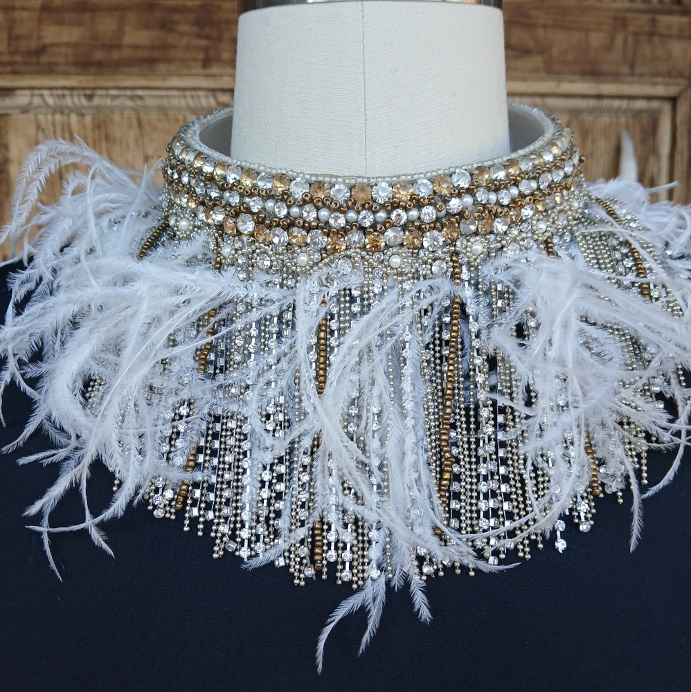 Rhinestone Feather Choker Necklace Unique Artisian Handmade NEW Bling Bridal